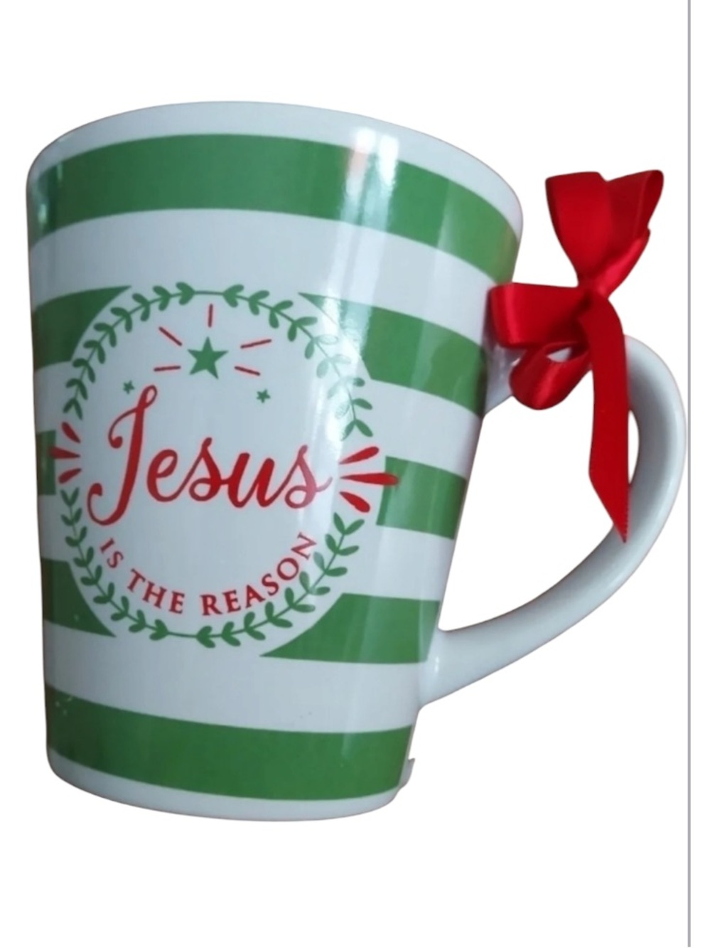 MARY Square Glossy “ JESUS IS THE REASON ” Mug white and green